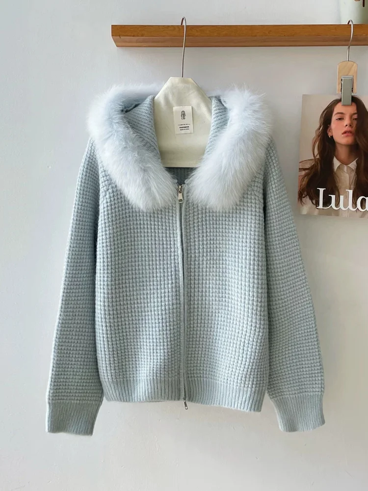 2026 Spring Autumn Women Natural Real Fox Fur Collar Cardigan Hooded Jacket Fur Decoration Lady's Sweater Coat - view 3