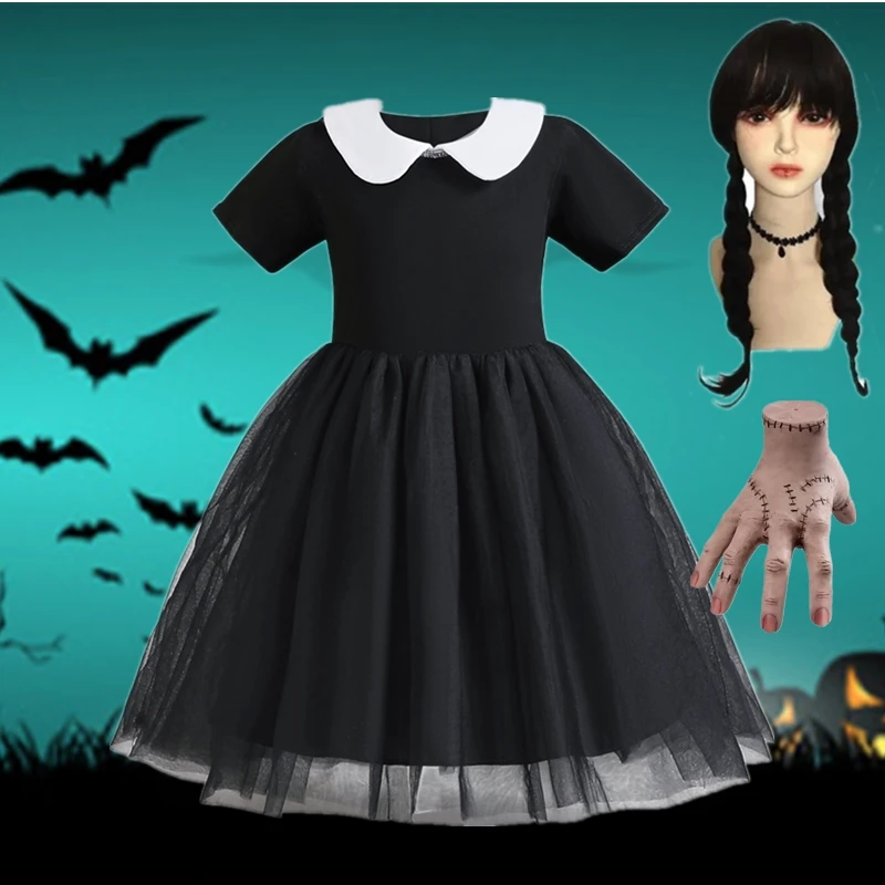 Halloween Carnival Girls Costume Cute Doll Collar Kids Black Gothic Dress Girls Prom Gown Party Wednesday Addams Cosplay Outfits