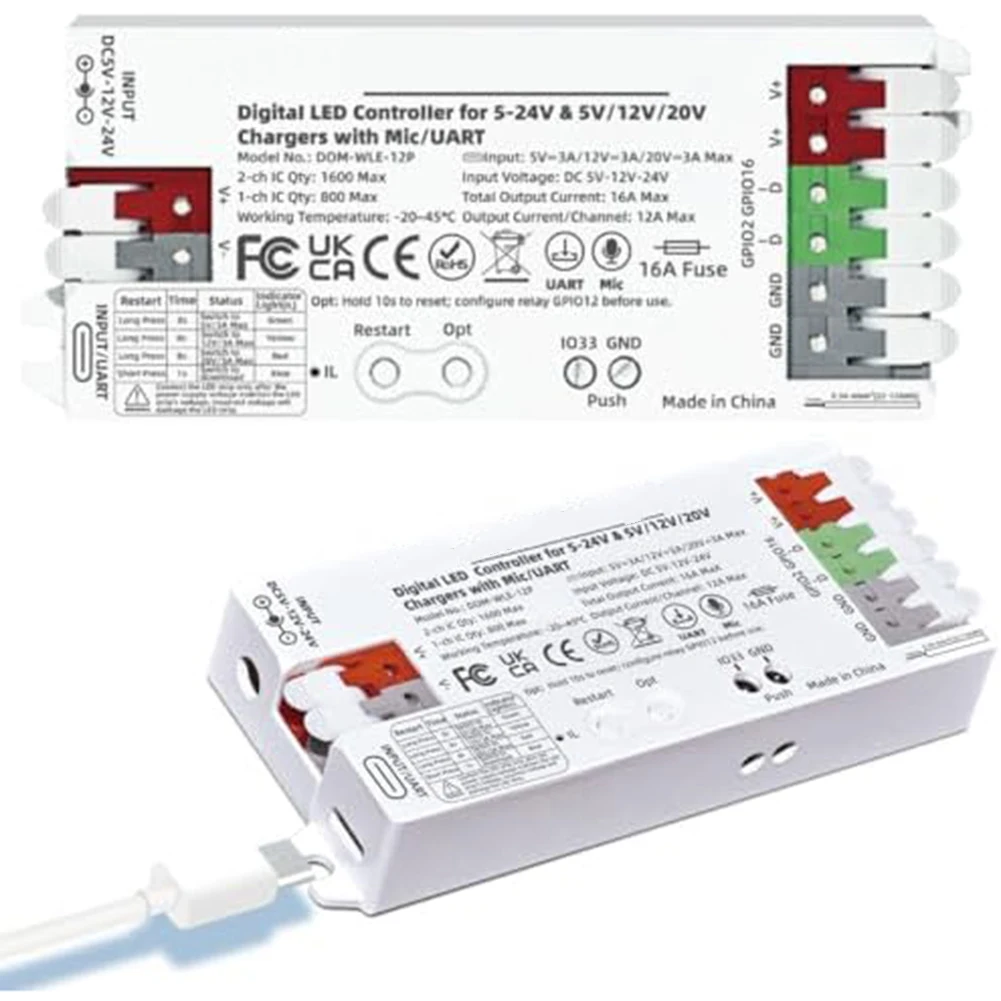 

Контроллер для цифровых светодиодных лент WLED на платформе ESP32, с номинальным током 16А, белый корпус, разъем USB-C, диапазон напряжения 5-24В