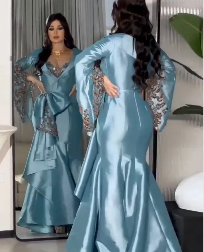 Sky Blue Saudi Mermaid Evening Dresses Long Sleeve Luxury Crystal Customsized Ruched Arabic Dubai Bride Wear Prom Gown Garment