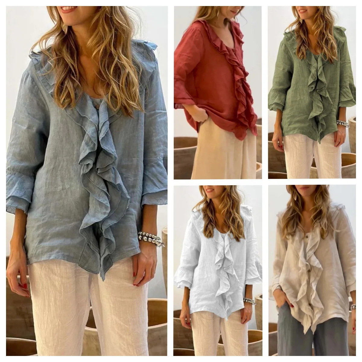 

2024 Women's Clothing Tops Autumn Solid Color V-Neck Ruffled Single-Breasted Multi-Button Cardigan Curved Hem Top