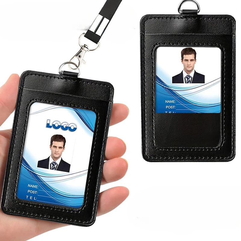 

1pc black Work Card Holders With Lanyard PU Bank Card Name Credit Card Holders Bus ID Holders Identity Badge With Neck Strap