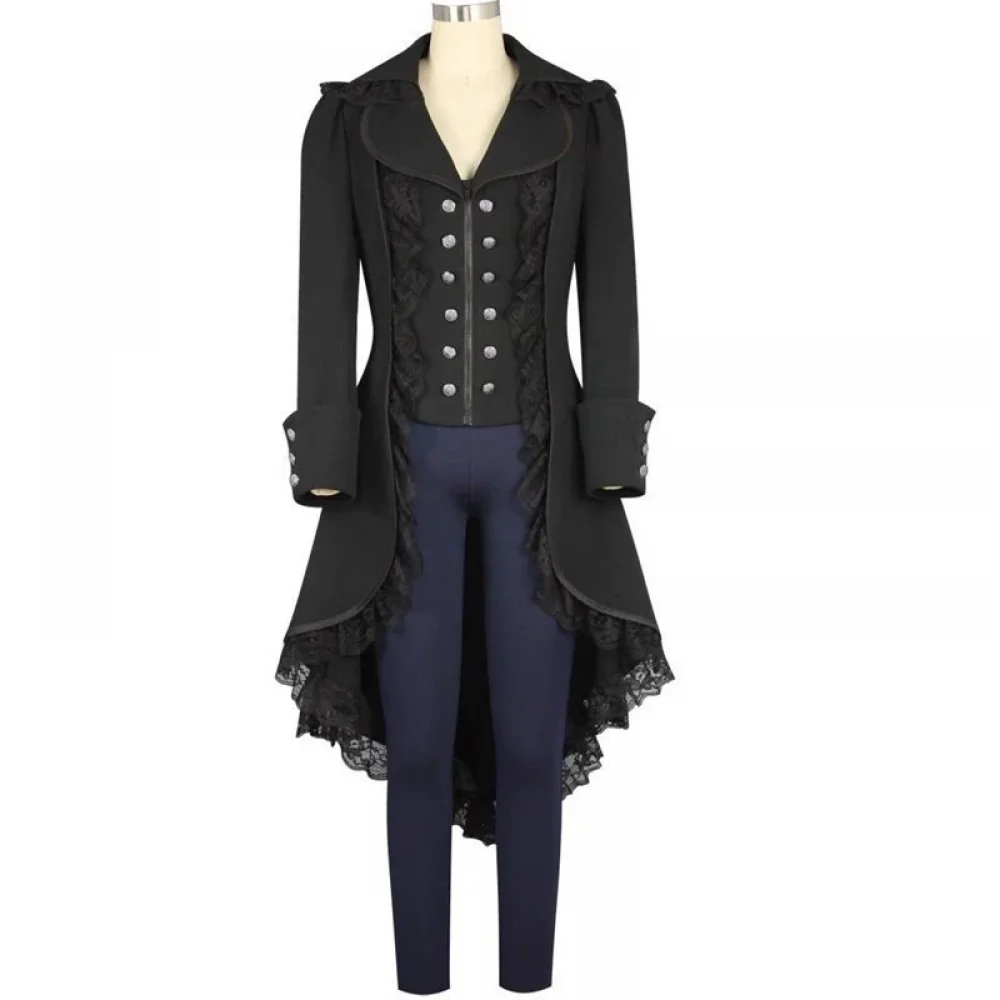 

Medieval Steampunk Victorian Gothic Cosplay Costume Women Tailcoat Lace Patchwork Buttoned Trench Coat Fitted Jacket Halloween