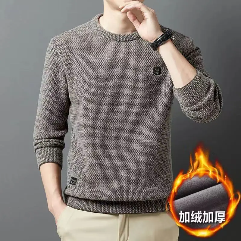 

Men Knit Sweaters Fleece Tops Pullover Round Neck Man's Clothing Asual Chic Design Winter Autumn Solid Loose New Thick