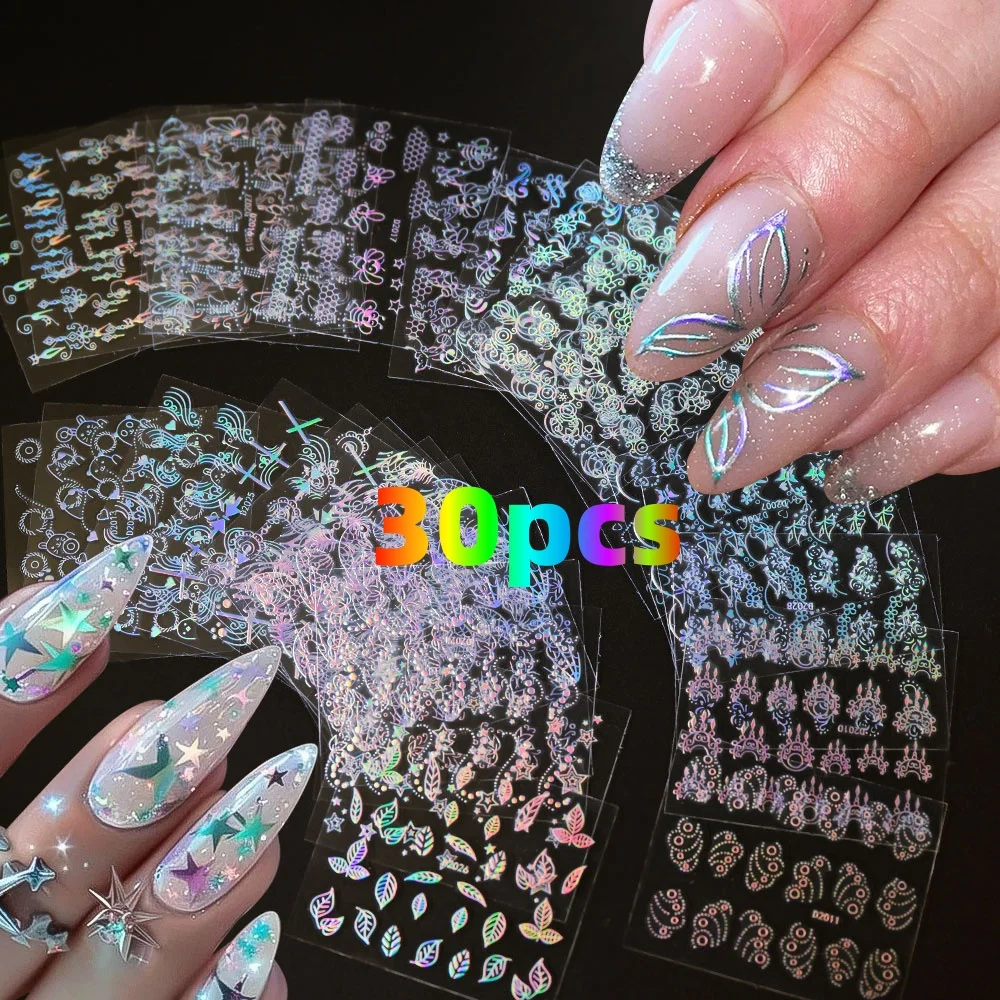 30pcs Aurora Silver Stick Figure Nail Stickers Feather/Dream Catcher/Flower/Leaf/Heart 3D Decals for Acrylic Nails DIY Manicure*