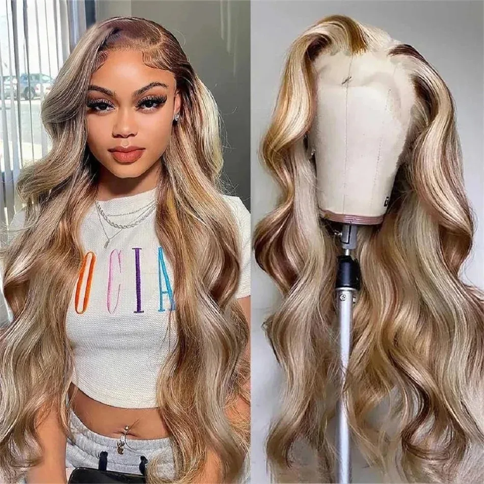 

Brown Highlight Blonde HD Lace Wig Body Wave Lace Frontal Wigs 13X4 Pre Plucked Heat Resistant Synthetic Lace Front Wig Daily