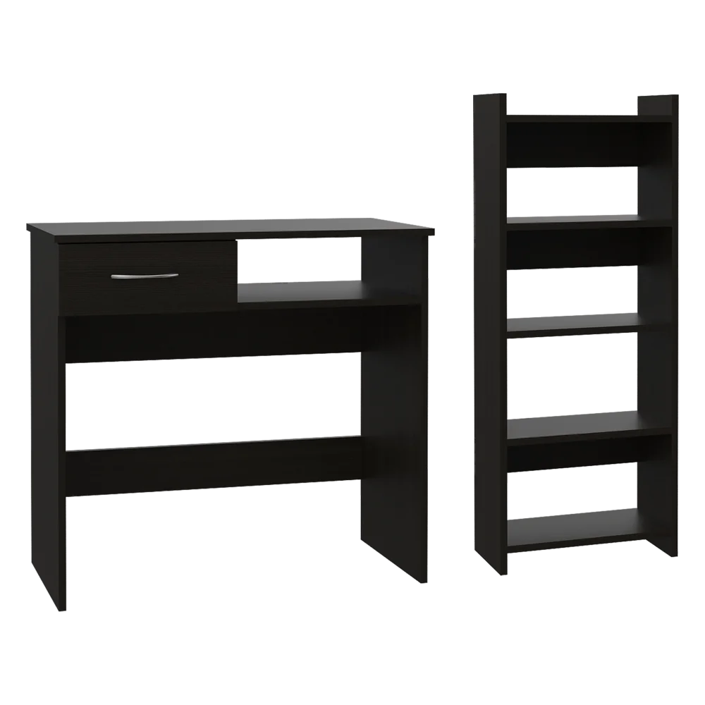 Treia Home Office Set, Two Parts Set One Drawer Desktop Keyboard Tray Stand Five Shelves Black