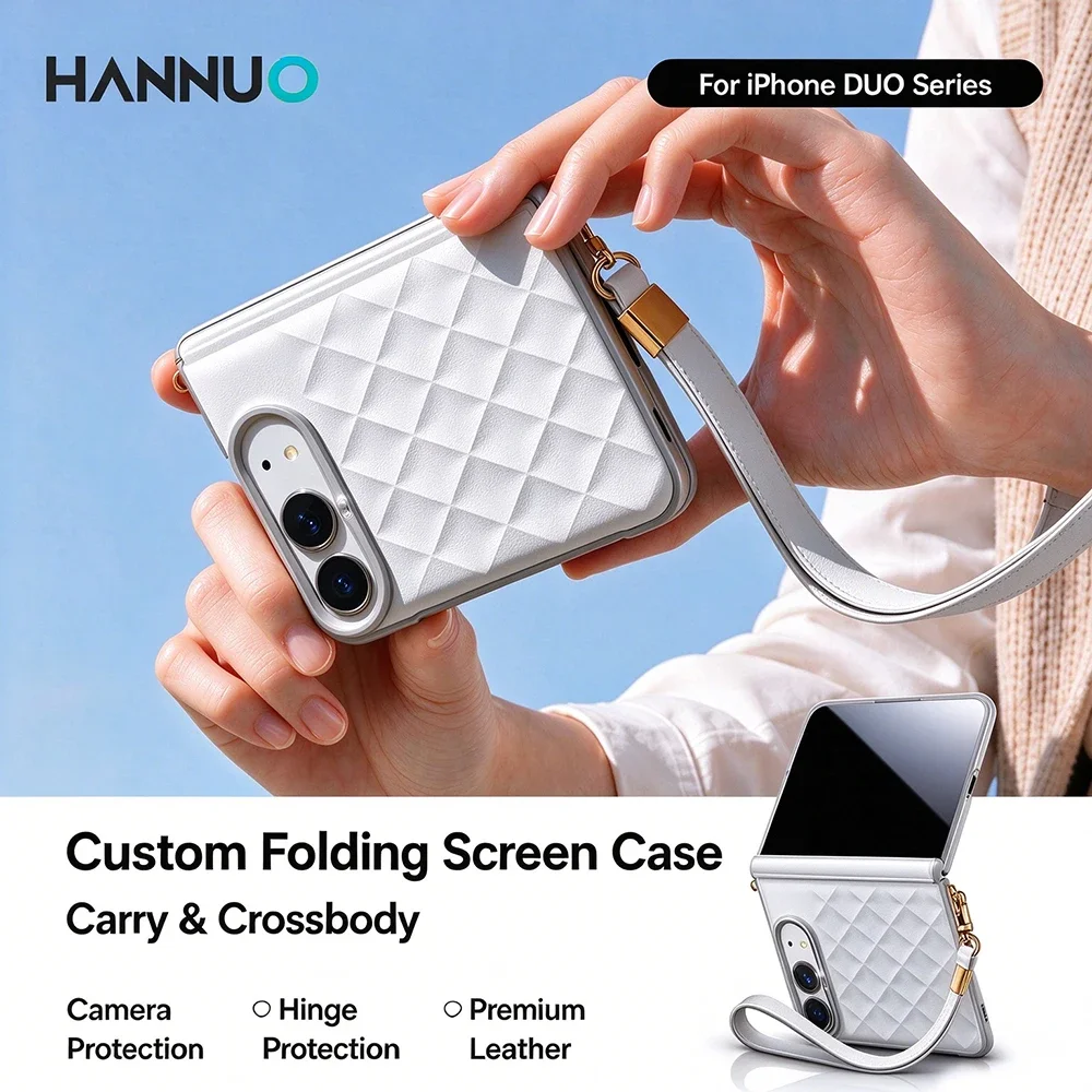 HANNUO For iPhone DUO Crossbody Lanyard Wallet Fashion Phone Case Necklace Chain Luxury Leather Strap Cord Hinge Protector Cover
