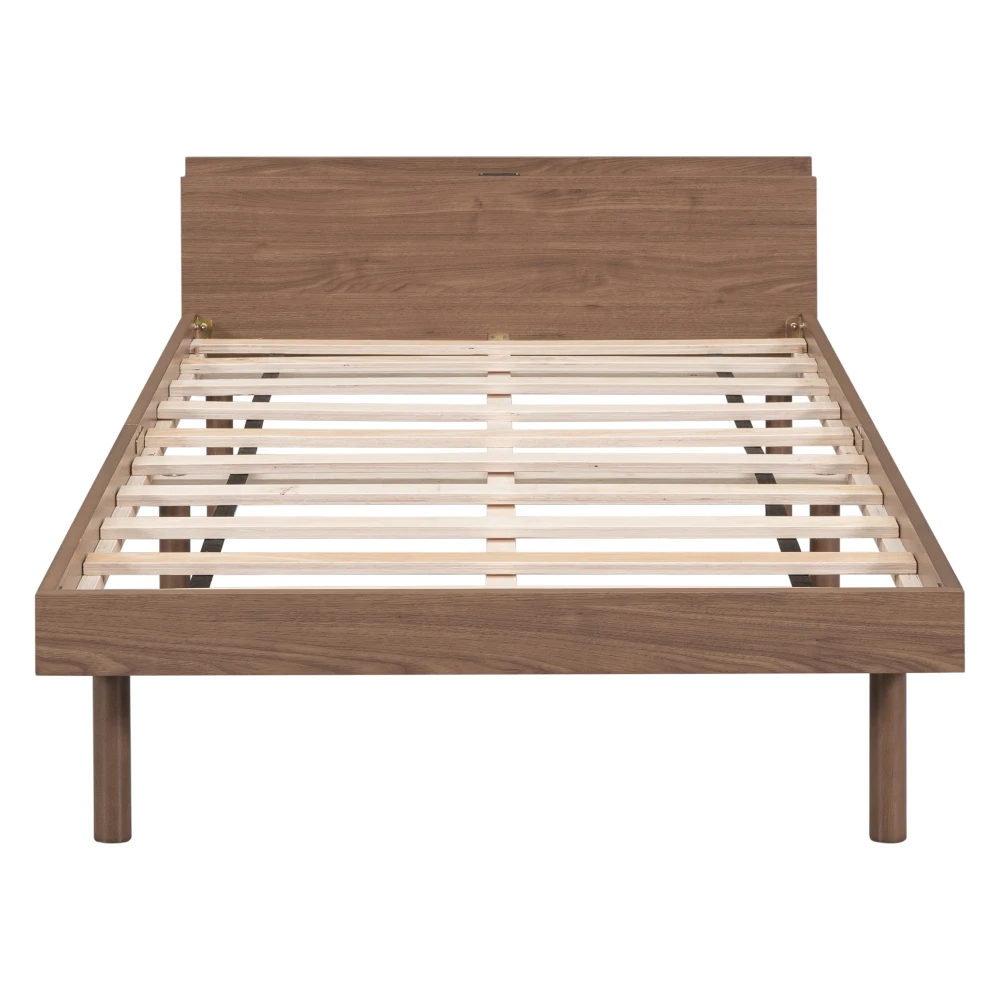 Modern Design Twin Size Platform Bed Frame with Built-in USB port for Walnut Color