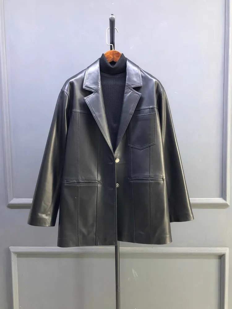 เสื้อสูทหนังแท้ทรงหลวมสไตล์ลำลองสำหรับผู้หญิง ดีไซน์เนอร์ออฟฟิศ กระดุมแถวเดียว ความยาวปานกลาง แฟชั่นเสื้อเบลเซอร์