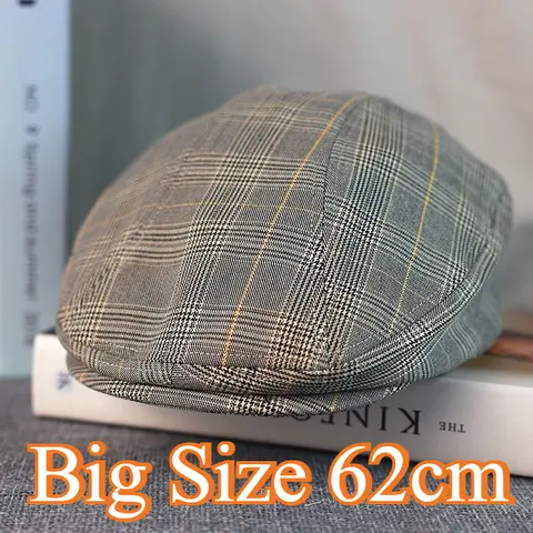 큰 사이즈 코튼 린넨 패브릭 Newsboy 모자 남자 새로운 여름 격자 무늬 통기성 베레모 여성 빈티지 앞으로 모자 아이비 모자 58cm 60cm 62cm