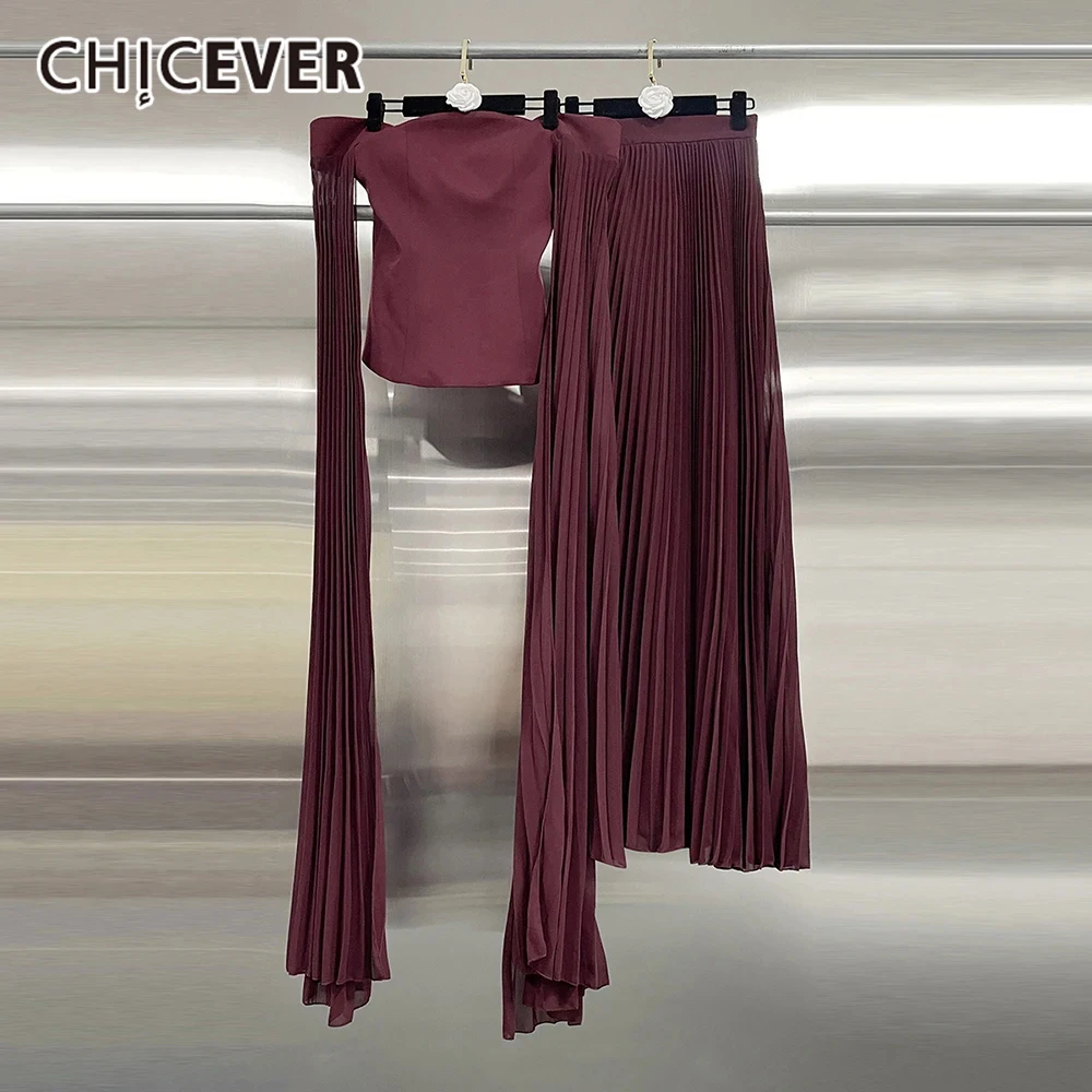 CHICEVER Solid Two Piese Set For Women Slash Neck Sleeveless Spliced Ribbon Top High Waist Pleated Skirt Elegant Suit Female New