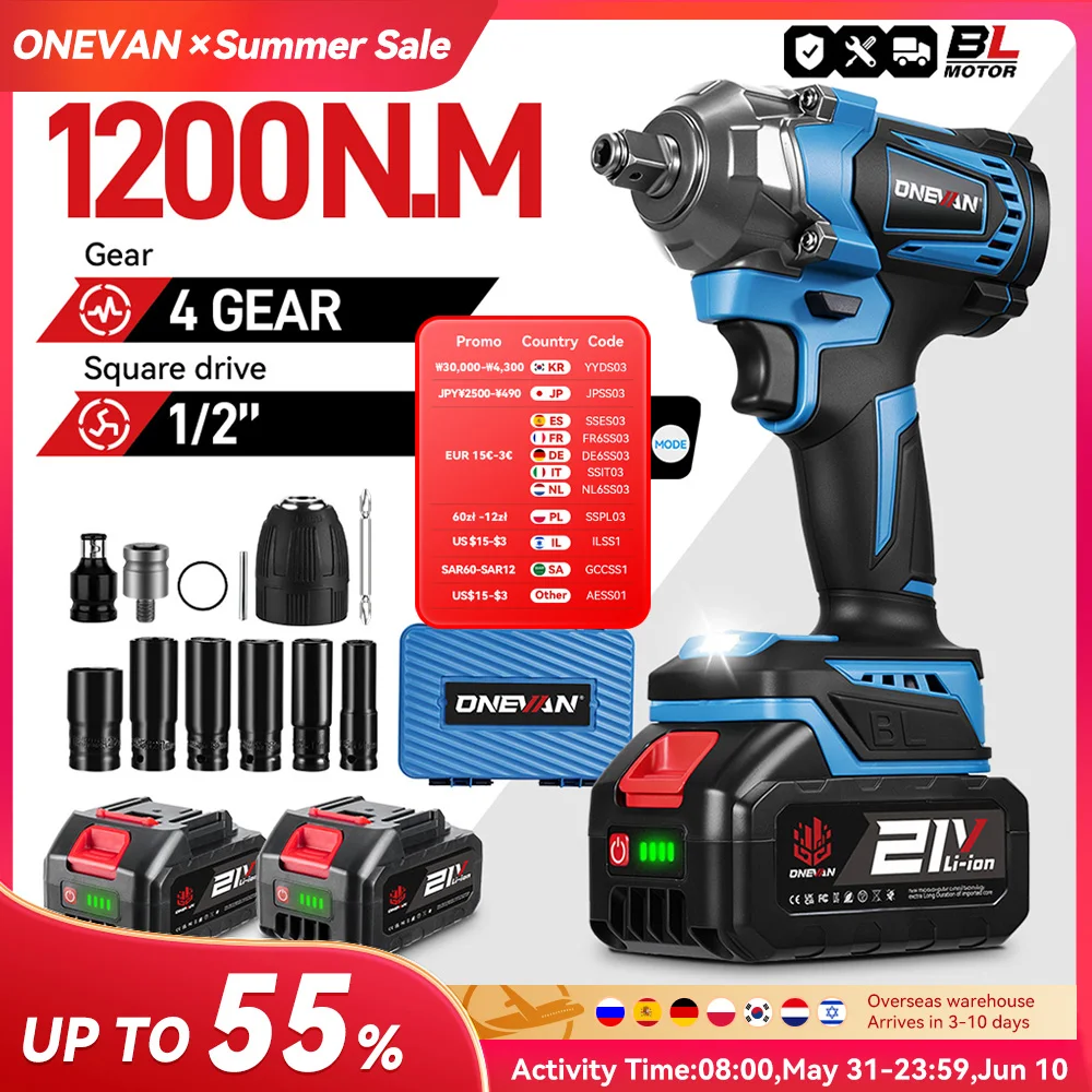 ONEVAN 1200N.M clé à chocs électrique sans brosse 1/2 pouces clé dynamométrique sans fil tournevis outil électrique pour Makita 18V batterie broche