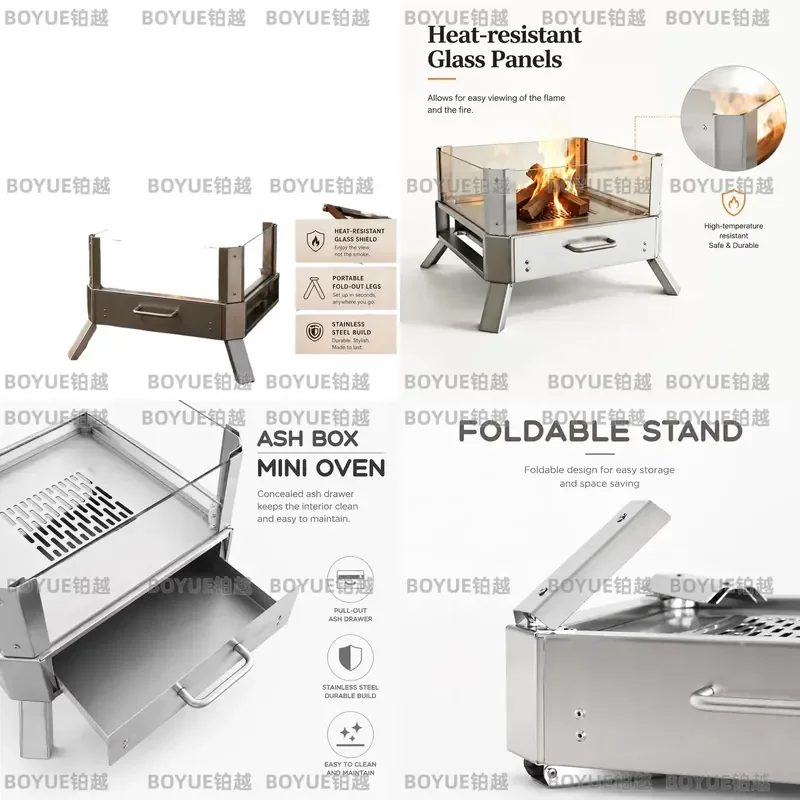 Foldable Stainless Steel Fire Pit with 4-Sided Glass Windscreen Outdoor Wood-Burning Stove For Camping Warmth Watching The
