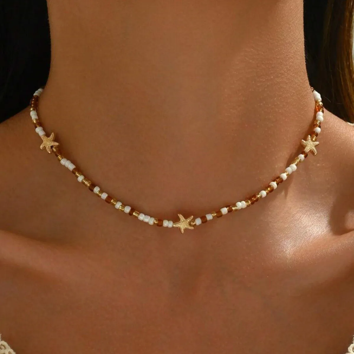 Bohemian Mixed Color Rice Beads Starfish Pendant Necklace for Women Trendy Shell Imitation Pearls Necklace Jewelry Party Gift