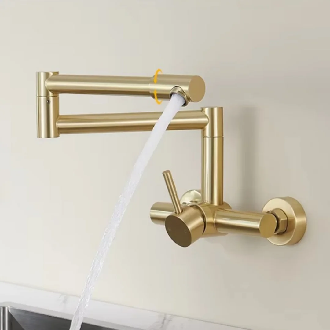 

Brushed Gold Pot Filler Tap Wall Mounted Foldable Kitchen Faucet Hot and Cold Sink Tap Rotate Folding Spout Black SUS304