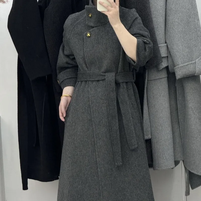 Autumn and  Winter 2025 New Senior Loose Temperament Long Stand Collar with Amber Buckle Double-sided Wool Coat Modern Stylish