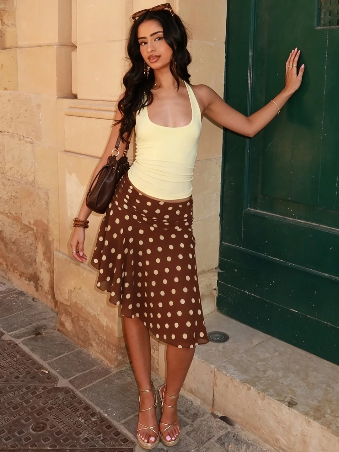 Sisjuly Retro Polka Dot Print  Skirt Women's Slim Fit Lightweight Fashionable Half-length Skirt High Waist Polyester Fabric