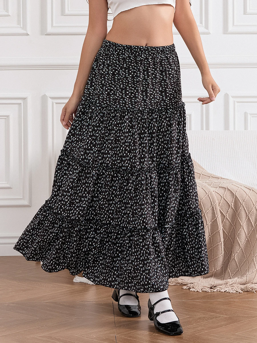 Women Boho Floral Maxi Skirts Elastic High Waist Tiered Flowy Long Skirt Pleated Swing A-Line Long Skirt Autumn Casual Clothes