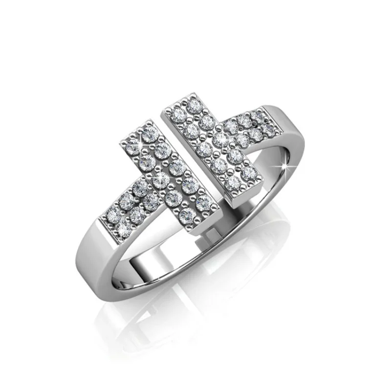 

Daisini 925 Sterling Silver Letter T Ring Open Size Embellished with Swarovski Crystals Women Men 18k White Gold Plated Jewelry