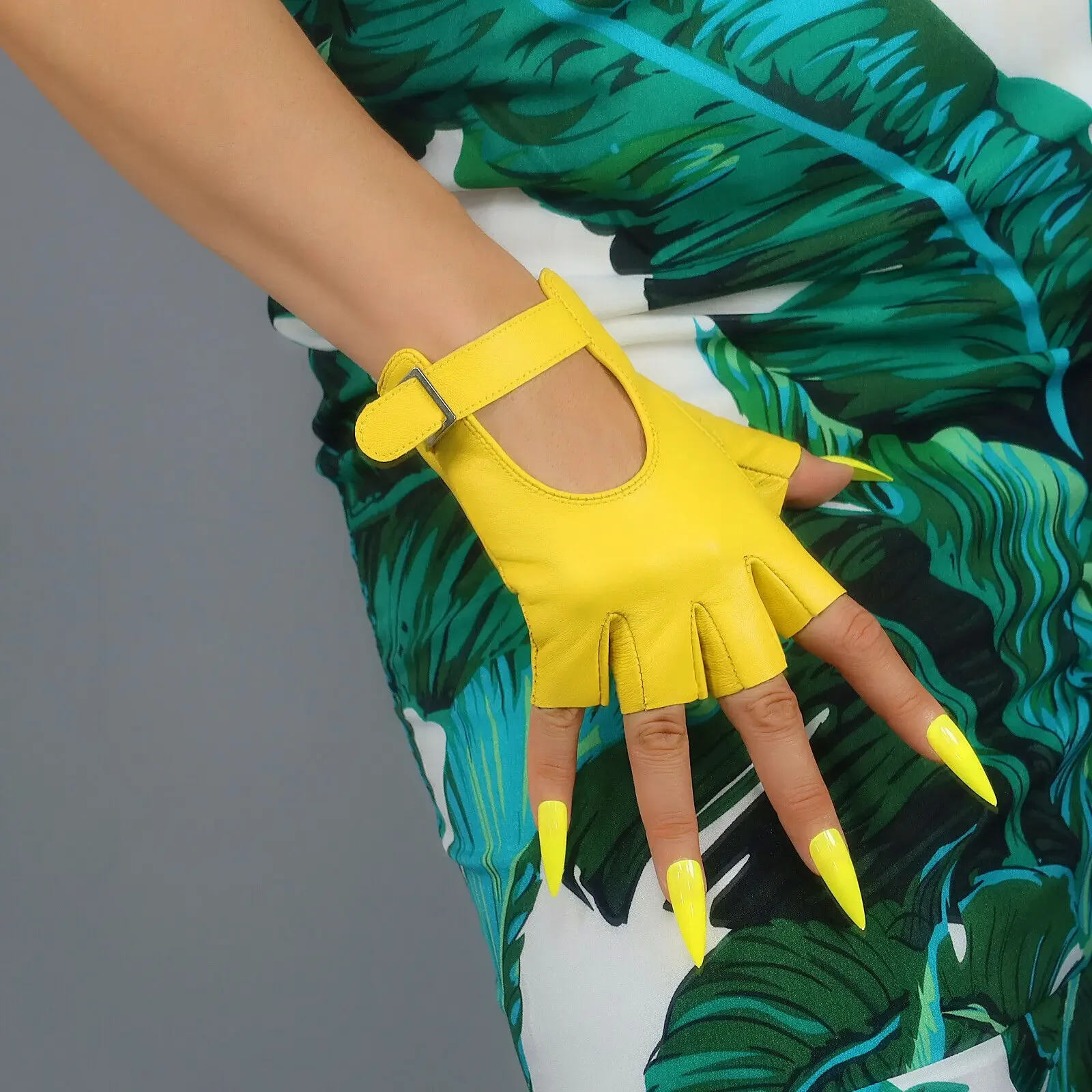 

Women's Yellow Motor Driving Gloves REAL LEATHER Half Finger Genuine Lambskin Sheepskin Buckle Closure Fashion Fingerless Glove