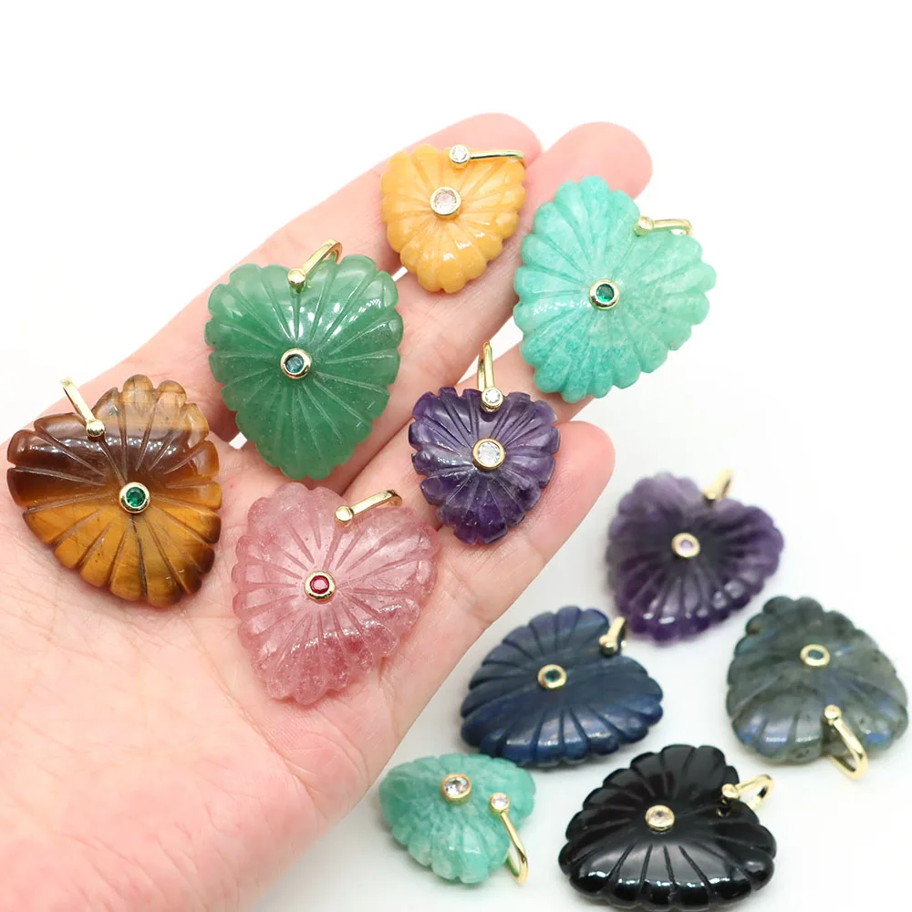Natural Crystal Carved Heart Pendants Amethyst Amazonite Rose Quartz Inlay Zircon Stone Charm for DIY Necklace Jewelry Making