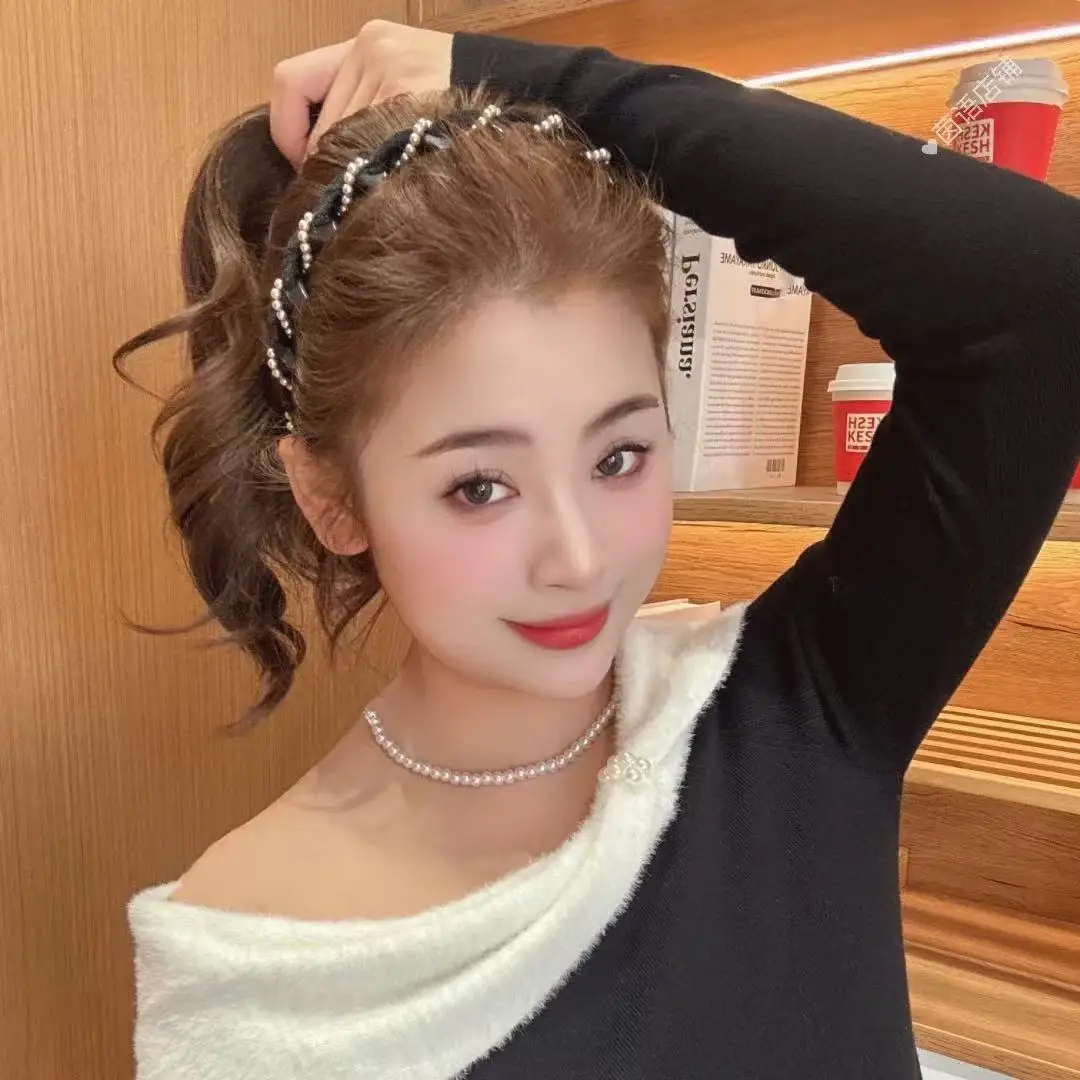 Fascia per capelli in velluto dolce ed elegante con strass di perle Fascia avvolgente antiscivolo Accessori per capelli alla moda