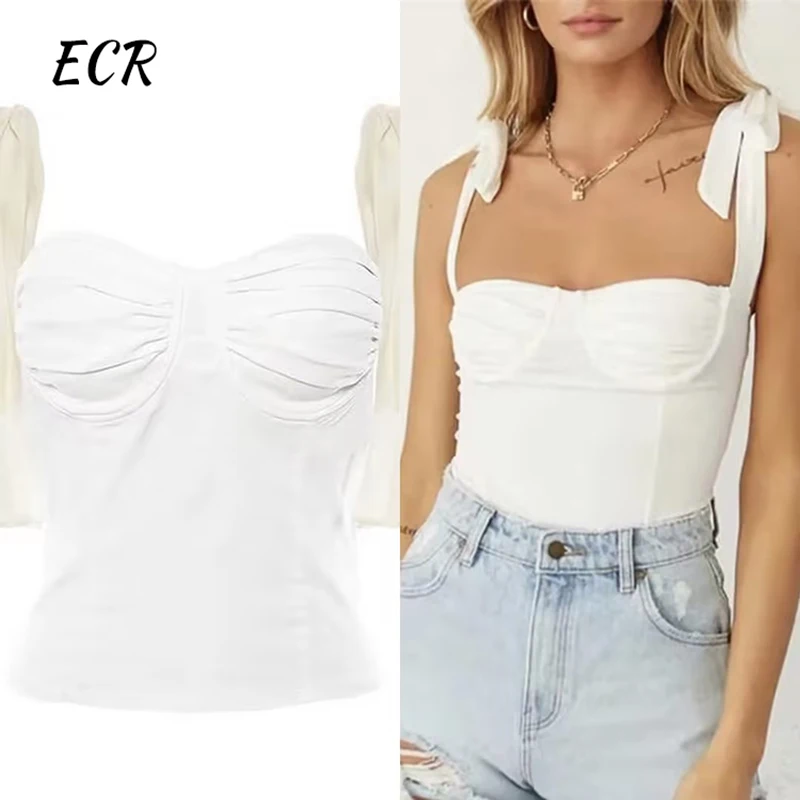 ECR Patchwork Lace Up Solid Sexy Tank Tops For Women Square Collar Sleeveless Backless Temperament Short Vests Female Fashion