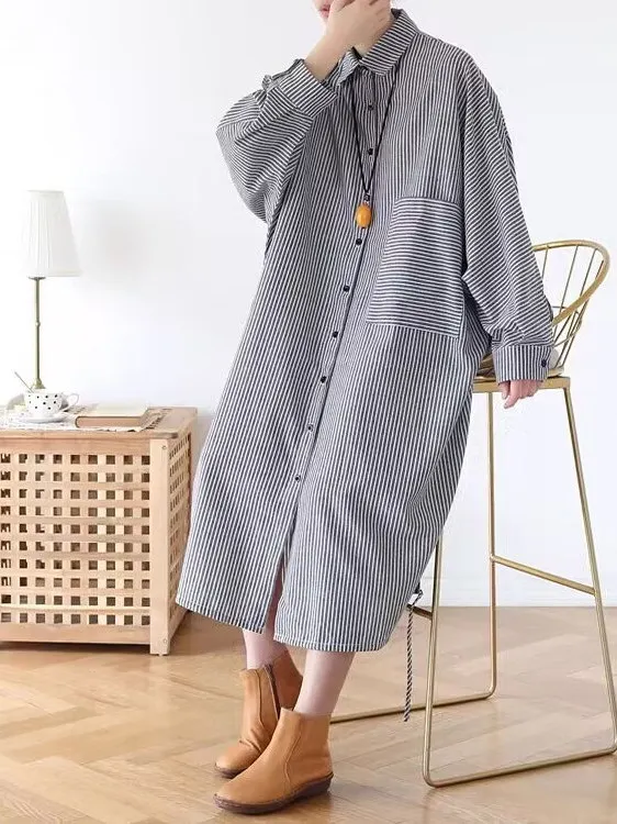 

Loose Long Sve Striped irt Dr for Women plus Size Korean Japanese Sle Artistic Design Autumn Season Commute Faion