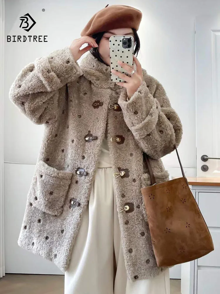 

Новое зимнее пальто с капюшоном из овечьей шерсти с длинными рукавами 2025, женское лоскутное пальто с карманами, французское ленивое теплое свободное пальто в горошек Mori Girl C5D628CC