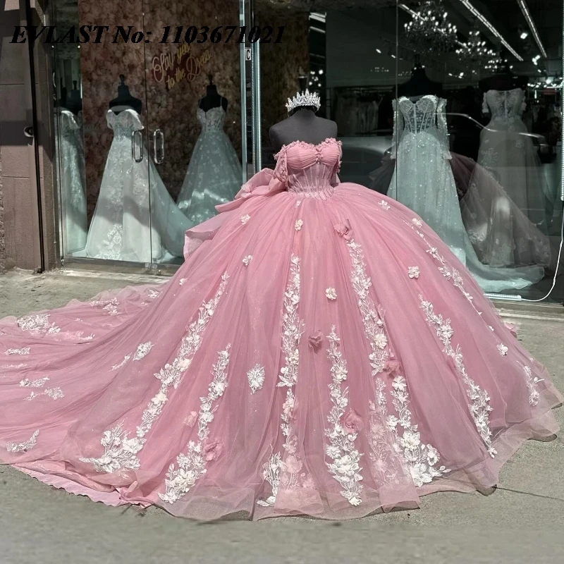 EVLAST disesuaikan Pink Quinceanera gaun gaun gaun bola 3D Floral Applique manik-manik dengan busur korset manis 16 Vestidos De 15 Anos SQ720