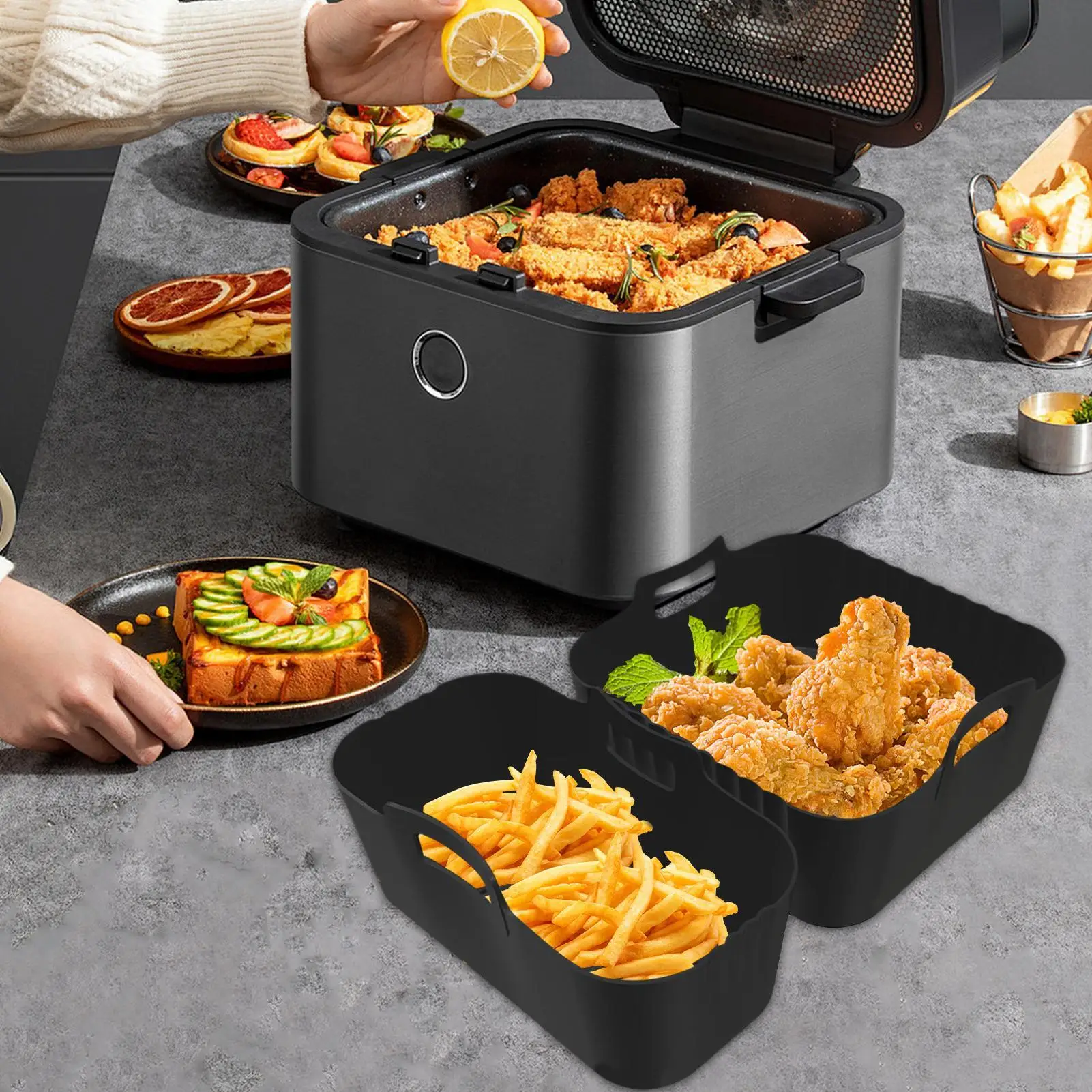 

Silicone Insert For Air Fryer Air Fryer Silicone Basket 2 Pieces Non-Stick Removable Reusable Tray Inserts Safe For Meat