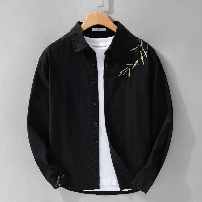 

Cotton Linen Shirt Men Spring Summer Beach Breathable Long Sleeve Mens Shirts Lapel Leaf Embroidery Shirt Chinese Style Clothing