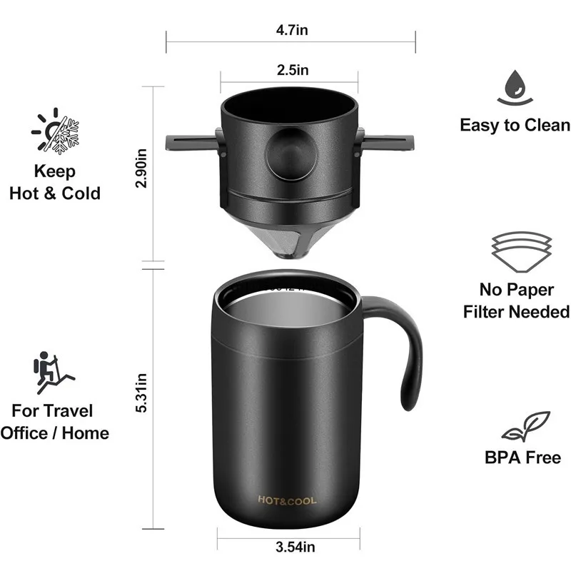 Outdoor portable hand-brewed coffee Stainless steel thermos cup Portable accompanying cup Household coffee  drip set