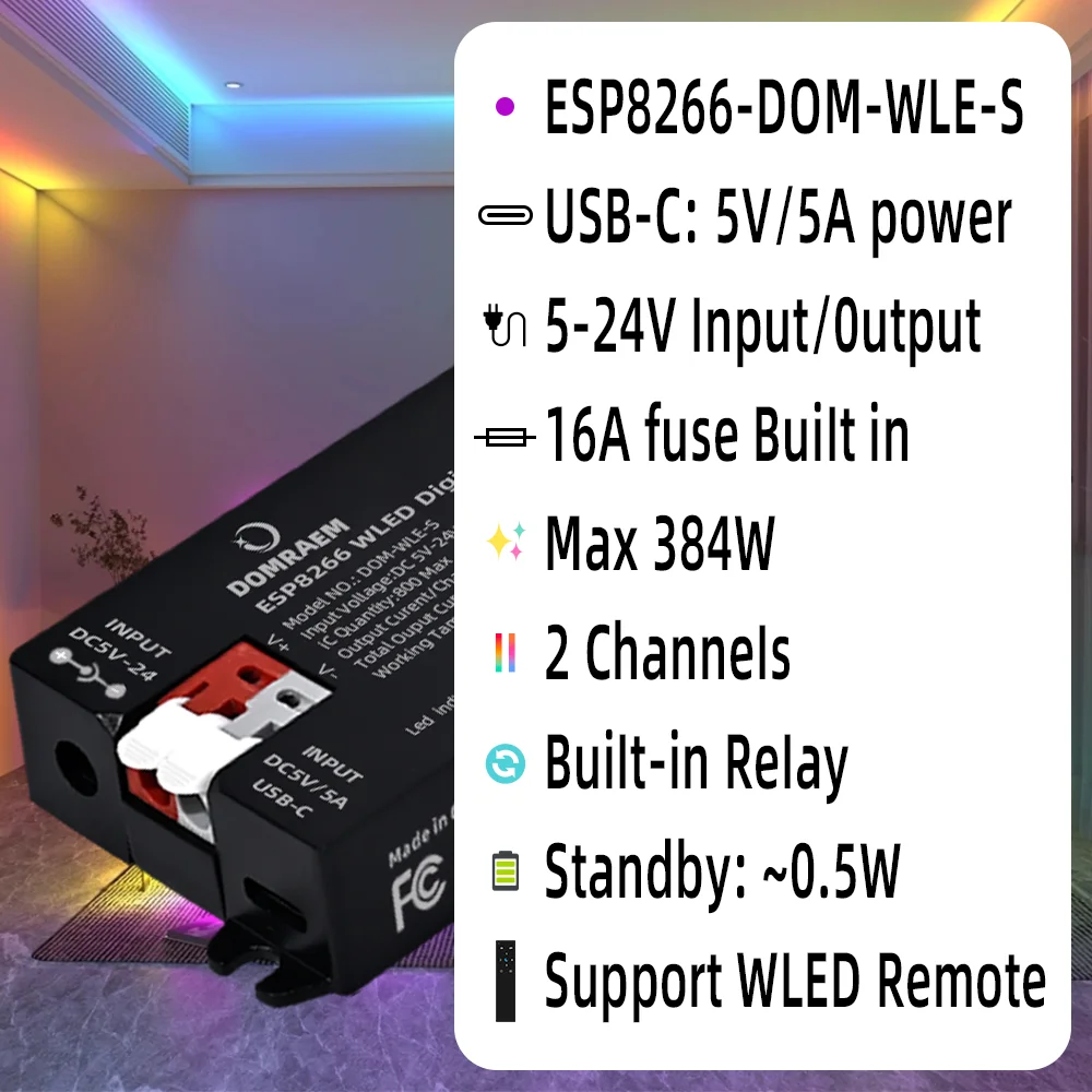 Domraem ESP8266 Digital WiFi LED Controller USB-C5V DC5-24V Strip 100+Modes WLED App WS2811 WS2812 SK6812 TM1814 DIY Pixel Light