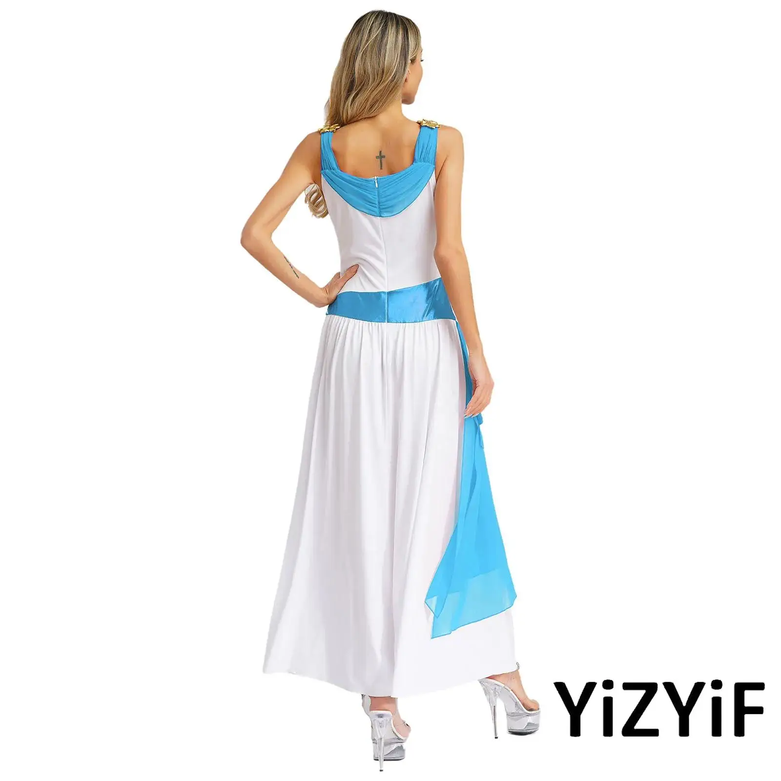 

Womens Greek Princess Queen Costume Floral Applique Chiffon Gown with Color Block Design Dress for Halloween Toga Party