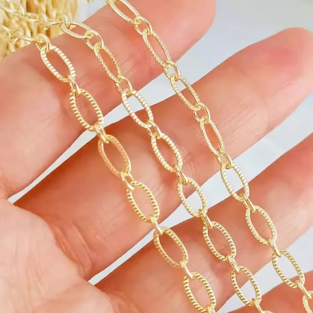 

14K Gold-plated Oval Embossed Flat 0-chain Semi-finished Chain, DIY Loose Chain Earrings, Bracelets and Necklaces
