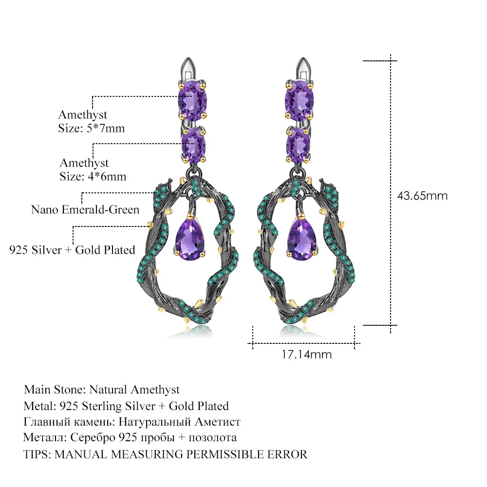 

Luxury brand genuine real jewels Italian Craft Designer Amethyst Natural Wind Vine Design 925 Silver Earrings high quality