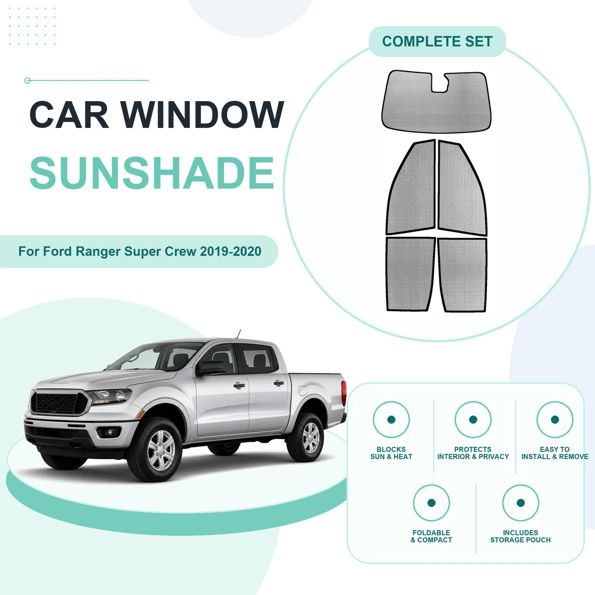 For Ford Ranger Super Crew 2019-2020 Custom Full Set Window Sunshades Aluminum Foil Suction Cup Anti UV Privacy