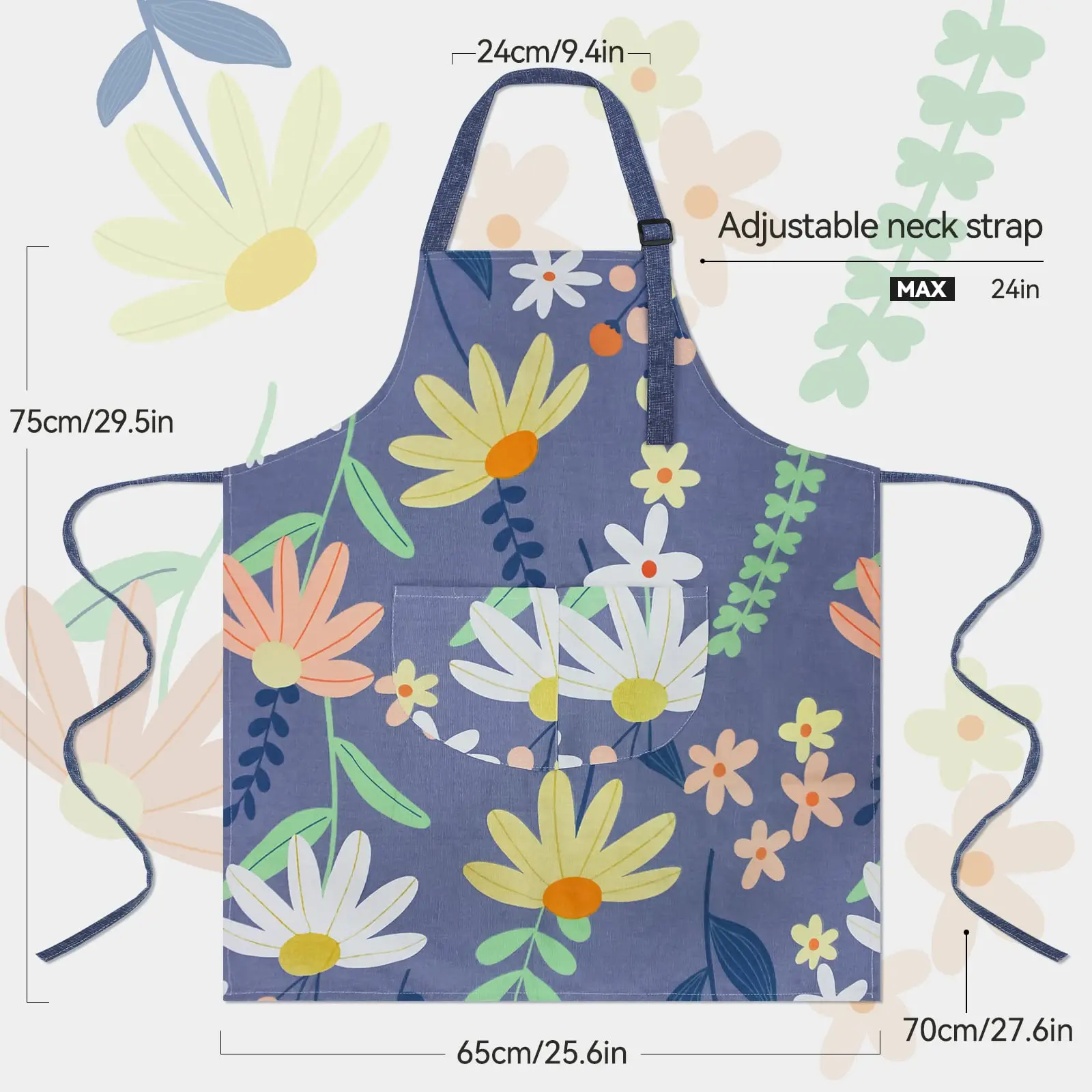 Apron with Pockets for Women, Adjustable Floral Kitchen Apron, Long Ties for Cooking, Drawing, Crafting