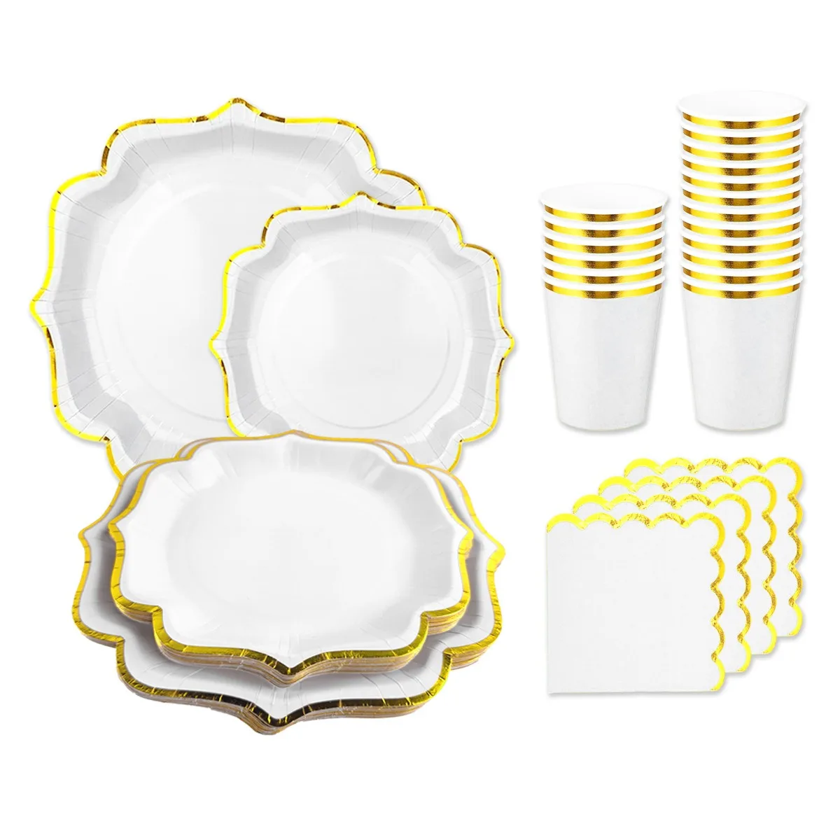 Lot de 10 assiettes en papier jetables blanches avec dentelle dorée, pour réceptions en extérieur, mariages, anniversaires, serviettes et gobelets