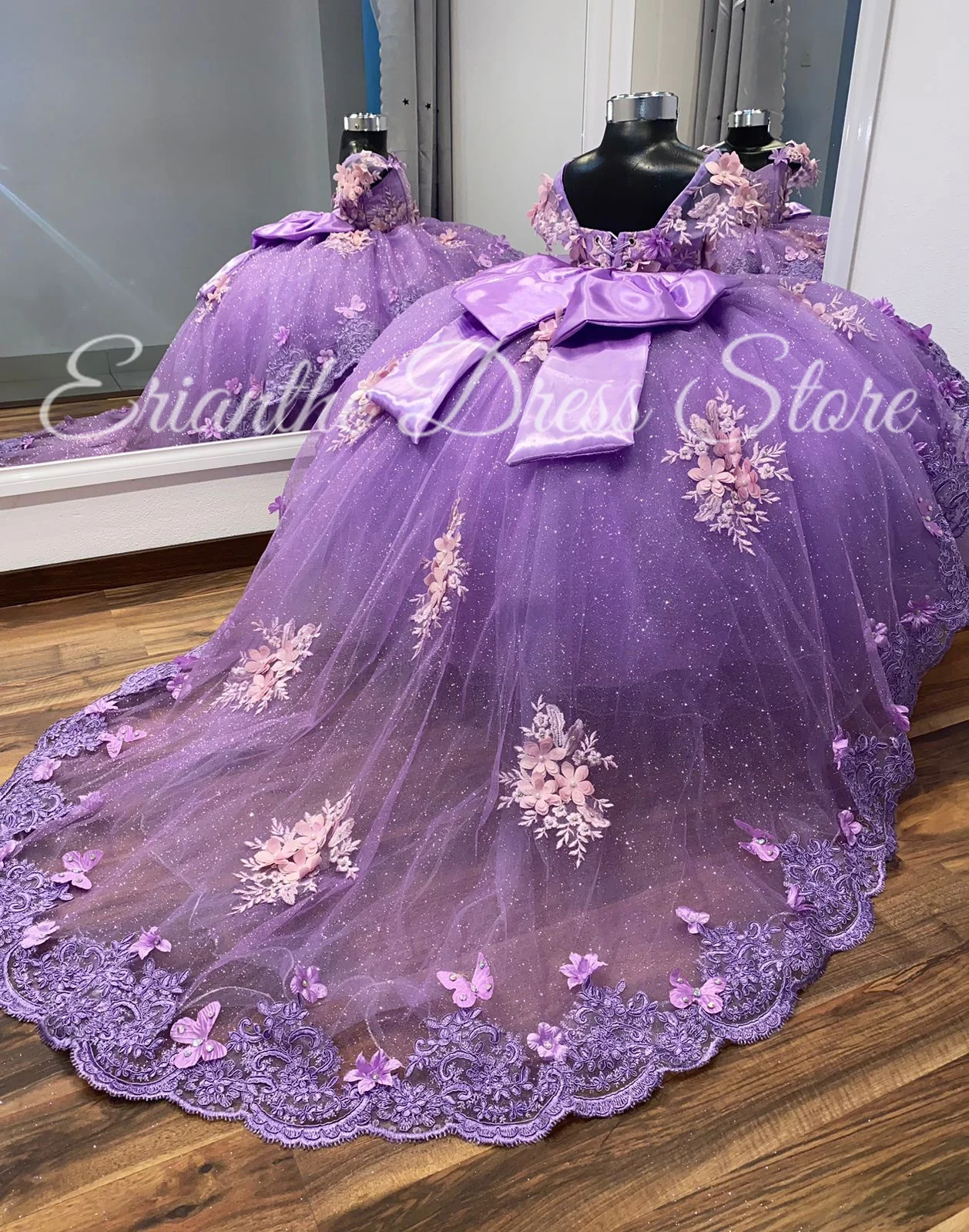 Lilac Flower Girl Dress For Wedding 3D Applique Tulle Puffy With Bow Kids Birthday Party First Communion Ball Gowns Customized