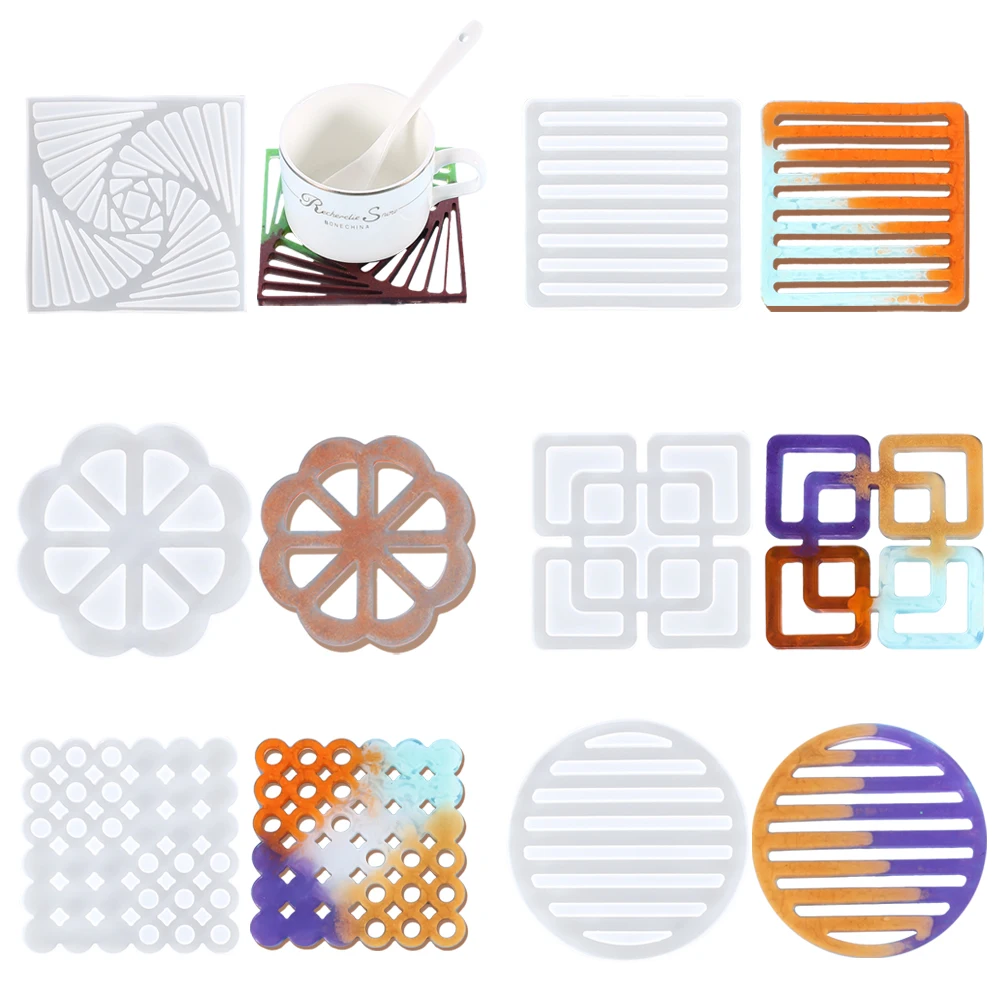 Hollow Coaster Silicone Epoxy Resin Mold DIY Round Square Hexagon Flower Cup Mats Tray Craft Casting Home Decoration