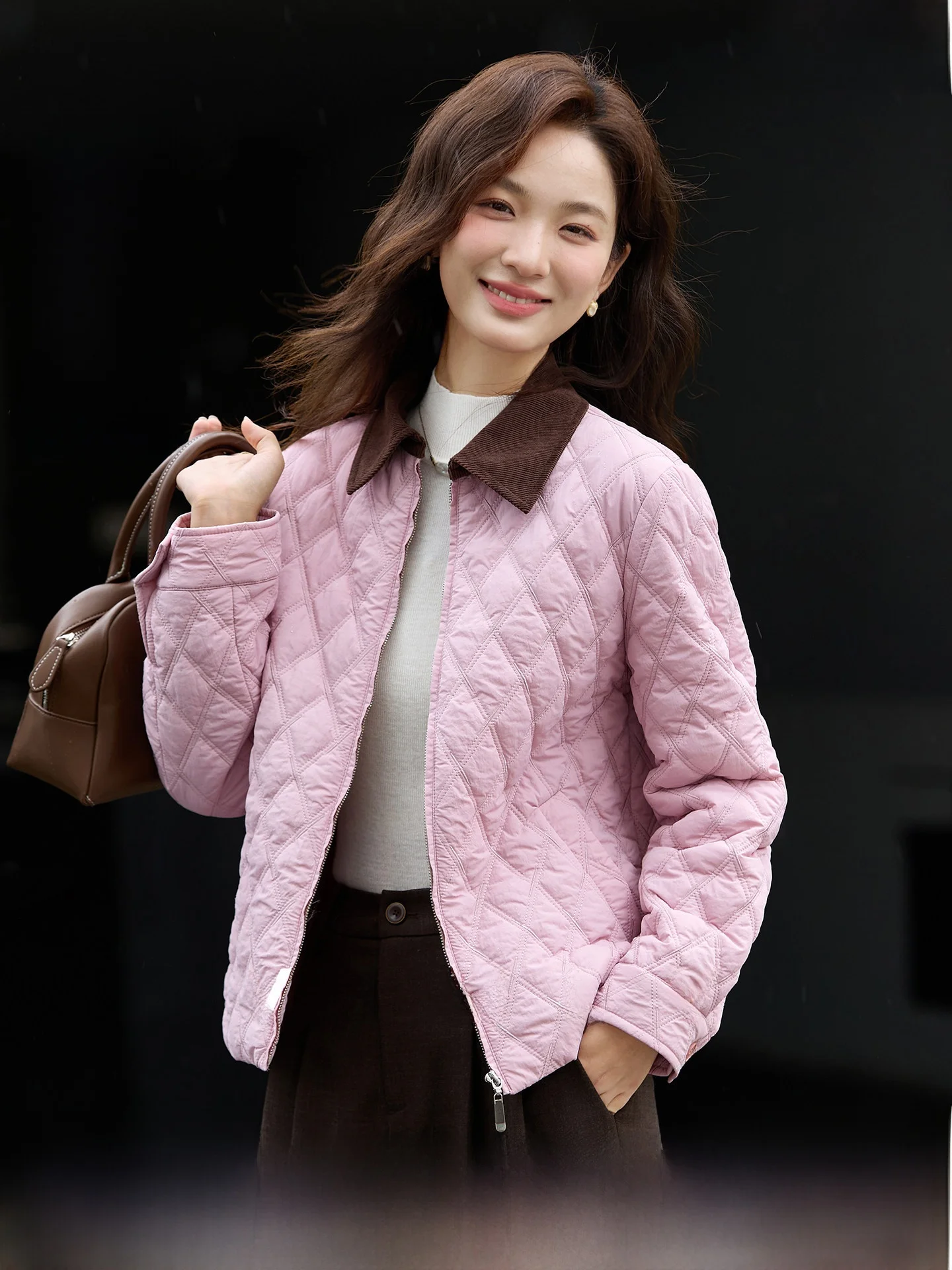 

Thiened Cotton Jaet Women's Collar Flip Diamond id Pink Zipper ort Coat Winter Sle Commute Simple Nylon Fabric Poly...