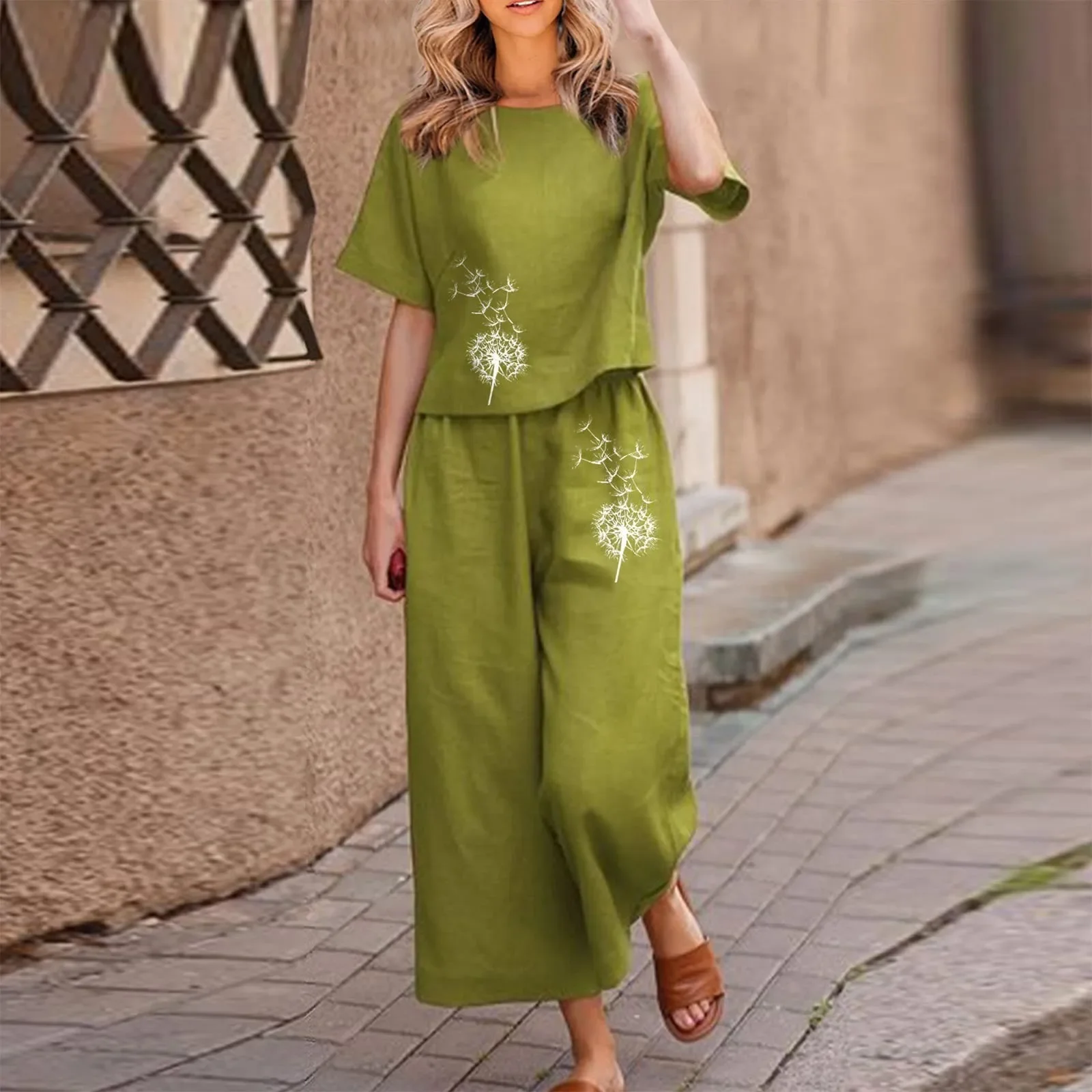 Linen Sets For Women 2 Piece Ladies Cotton Short Sleeve Printed Blouse Loose Cropped Pants Casual Two Piece Suit Pant Suits