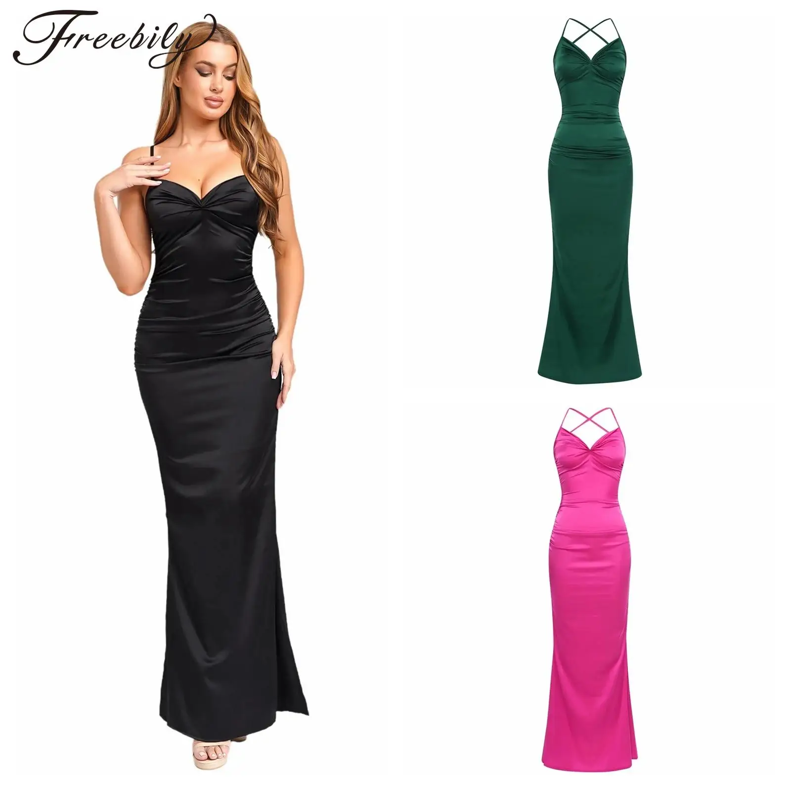 ชุดราตรีผู้หญิงร้อนเซ็กซี่ Camis ยาวชุดจัดเลี้ยง Slim สปาเก็ตตี้สายคล้องคอค็อกเทลงานแต่งงานเกสต์ชุด