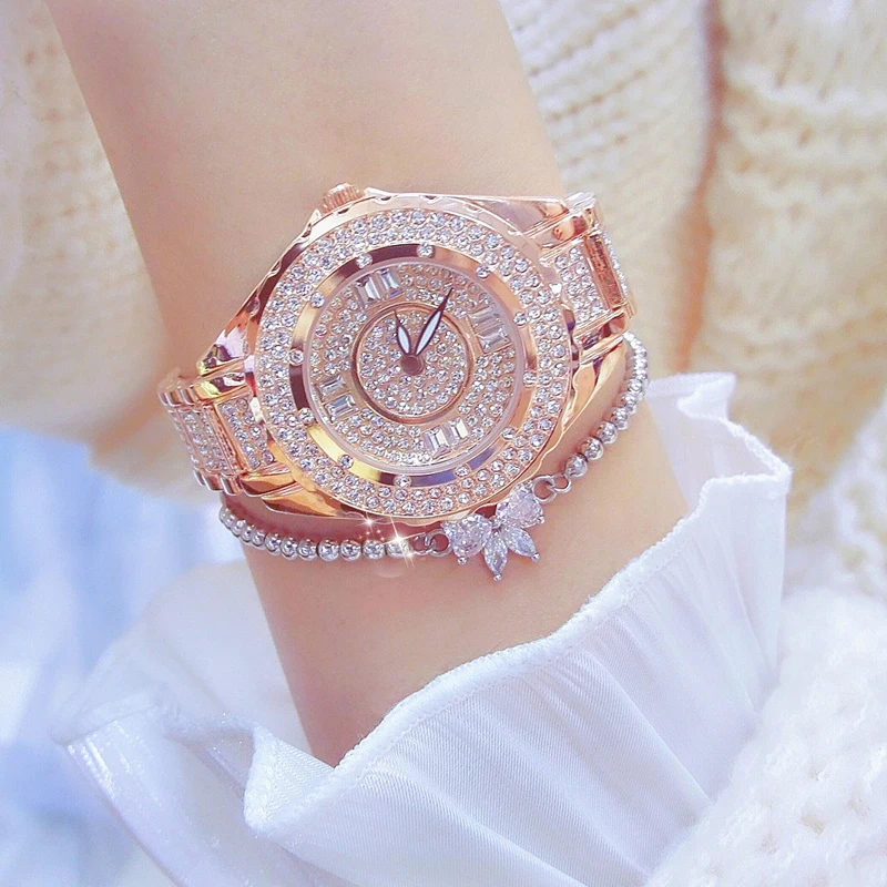 Relojes de diamantes de cristal para mujer, conjunto de pulsera elegante Original de oro rosa, regalo para novia y esposa, 2023