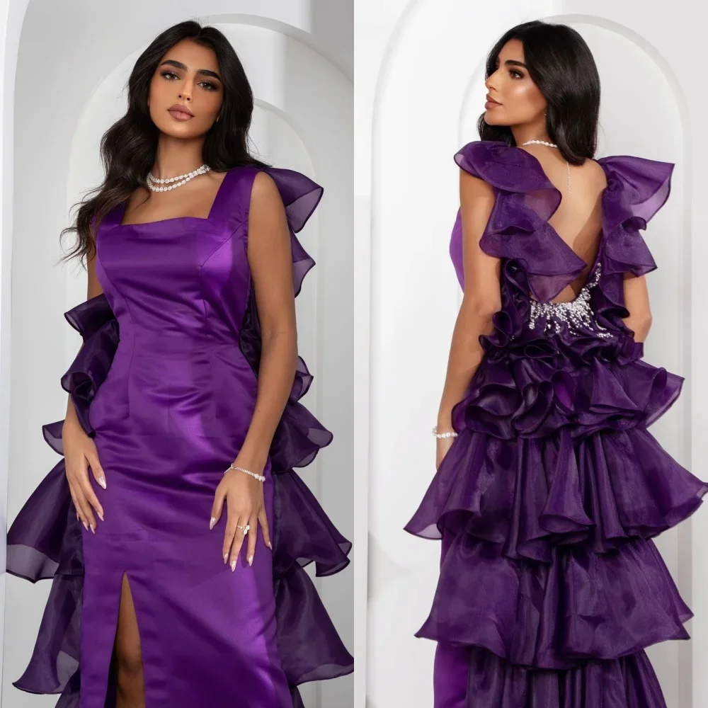 Customized Satin Tiered Sequined Ruched Graduation A-line Square Neck Bespoke Occasion Gown Midi Dresses