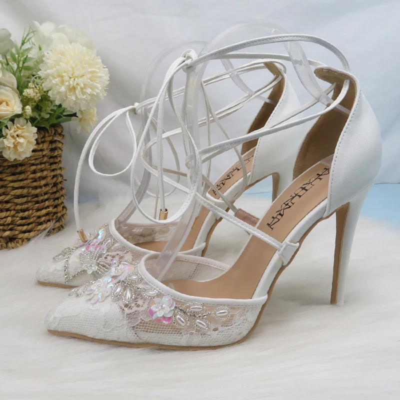 Bling Bridal Shoes Fashion Sandals Woman Thin Heel Pearl Crystal Party Dress Shoes Woman High Pumps Ankle strap Pointed To Highe