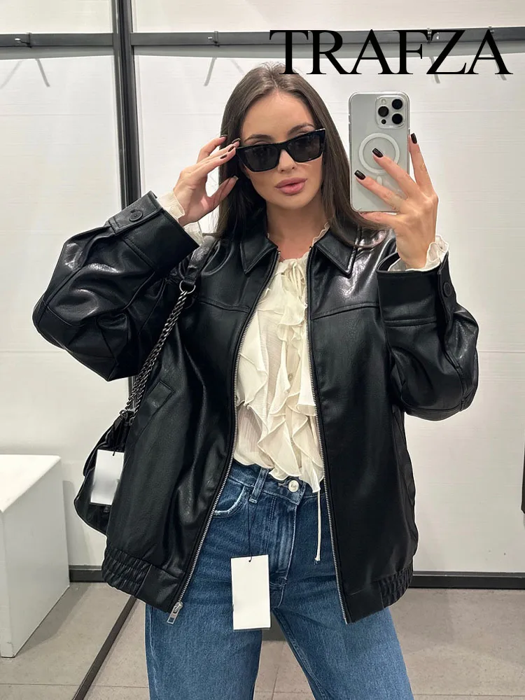 

TRAFZA Autumn Fashion Women Jacket Solid Turn-Down Collar Long Sleeves Pockets Zipper Female Streetwear Style Coats 2 Color